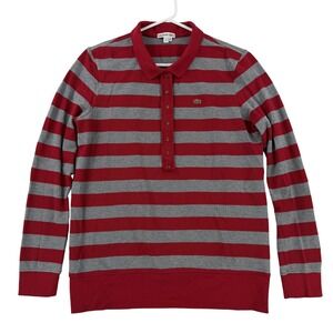 Lacoste Polo Shirt Womens 46 Red Gray Stripe Long Sleeve Stretch Knit Top